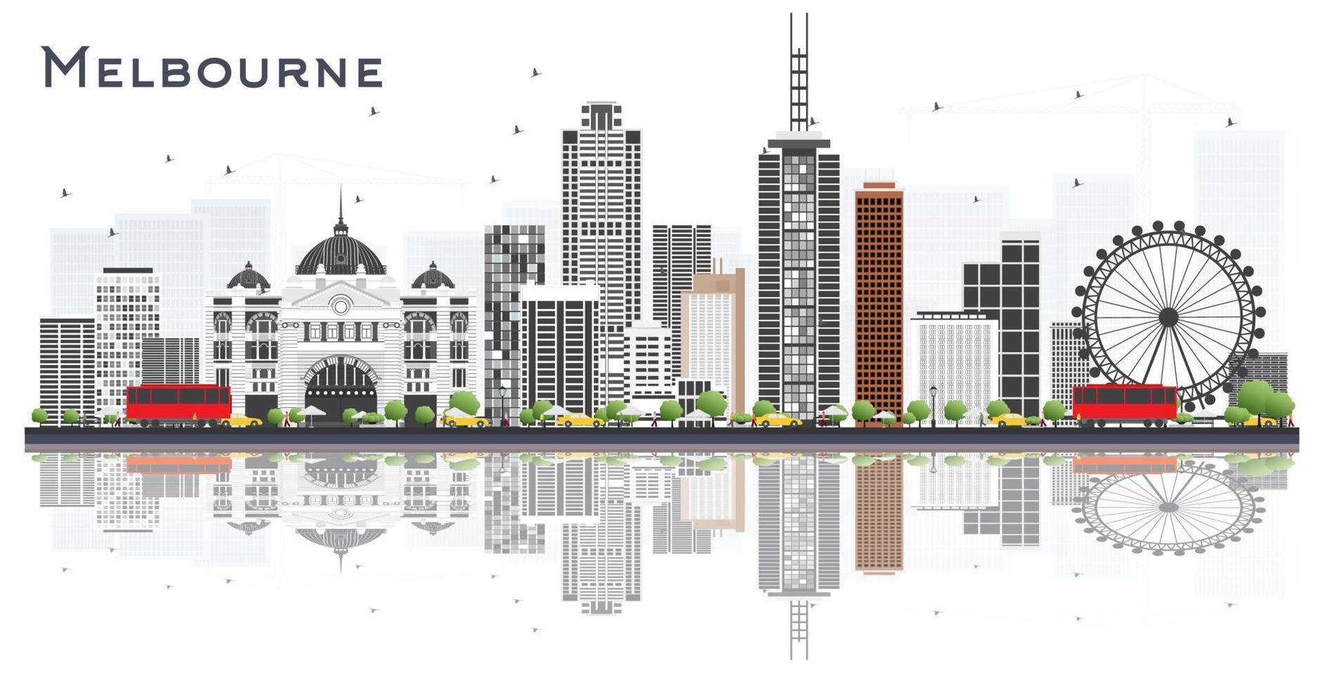 horizonte de la ciudad de melbourne australia con edificios grises y reflejos aislados sobre fondo blanco. vector