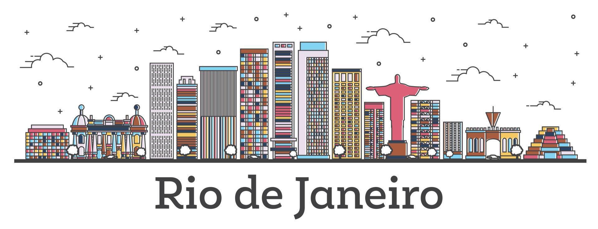 delinear el horizonte de la ciudad de río de janeiro brasil con edificios de color aislados en blanco. vector