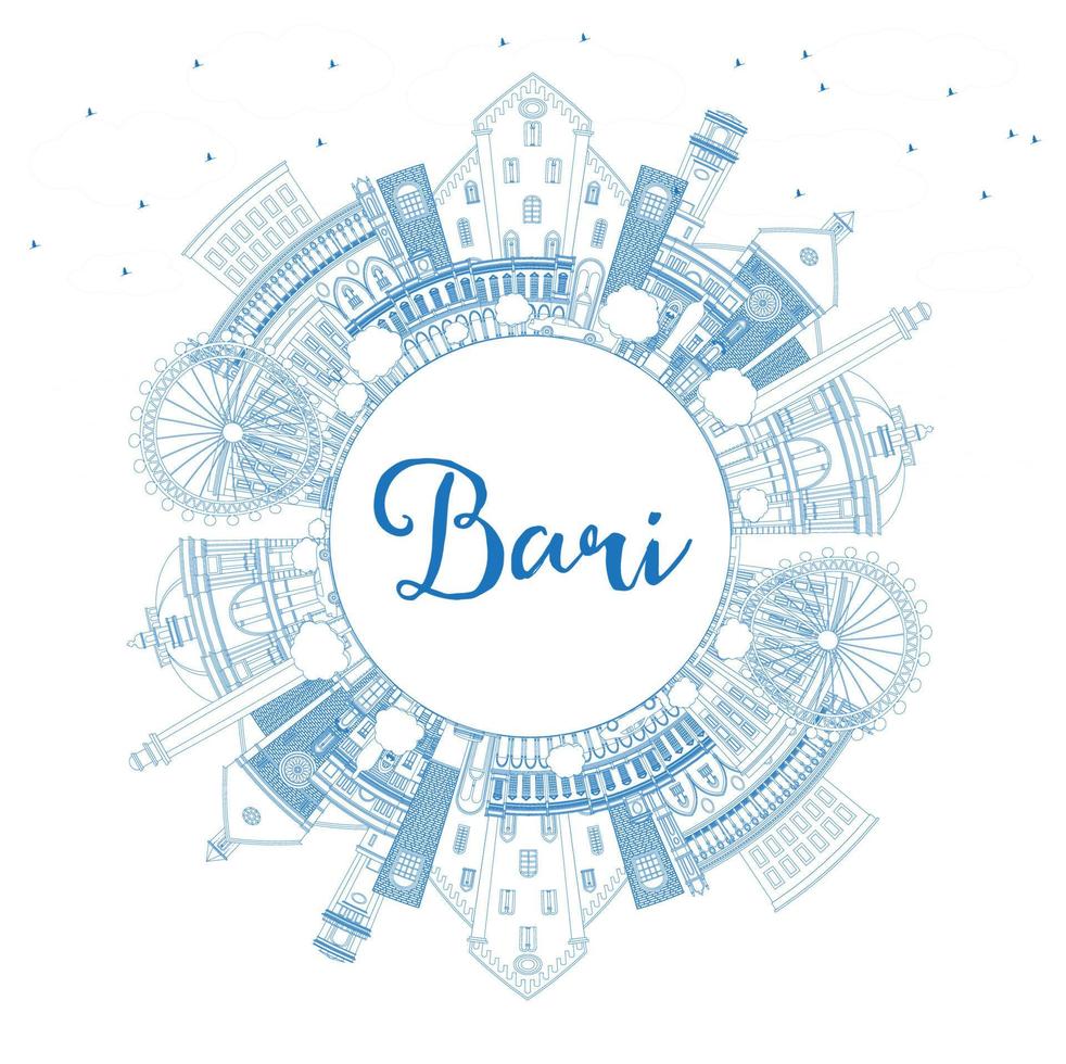Outline Bari Italy City Skyline with Blue Buildings and Copy Space. vector