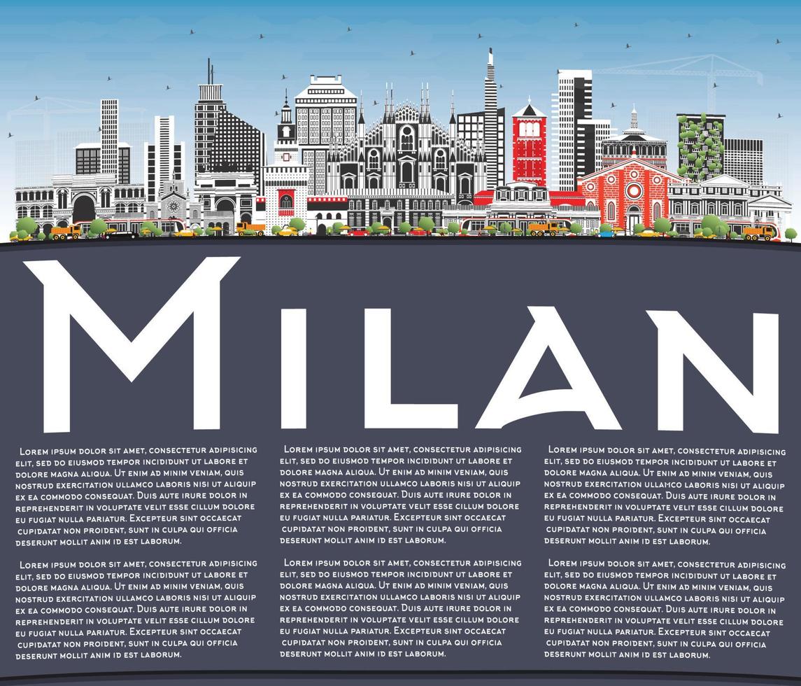 Milan Italy City Skyline with Color Buildings, Blue Sky and Copy Space. vector