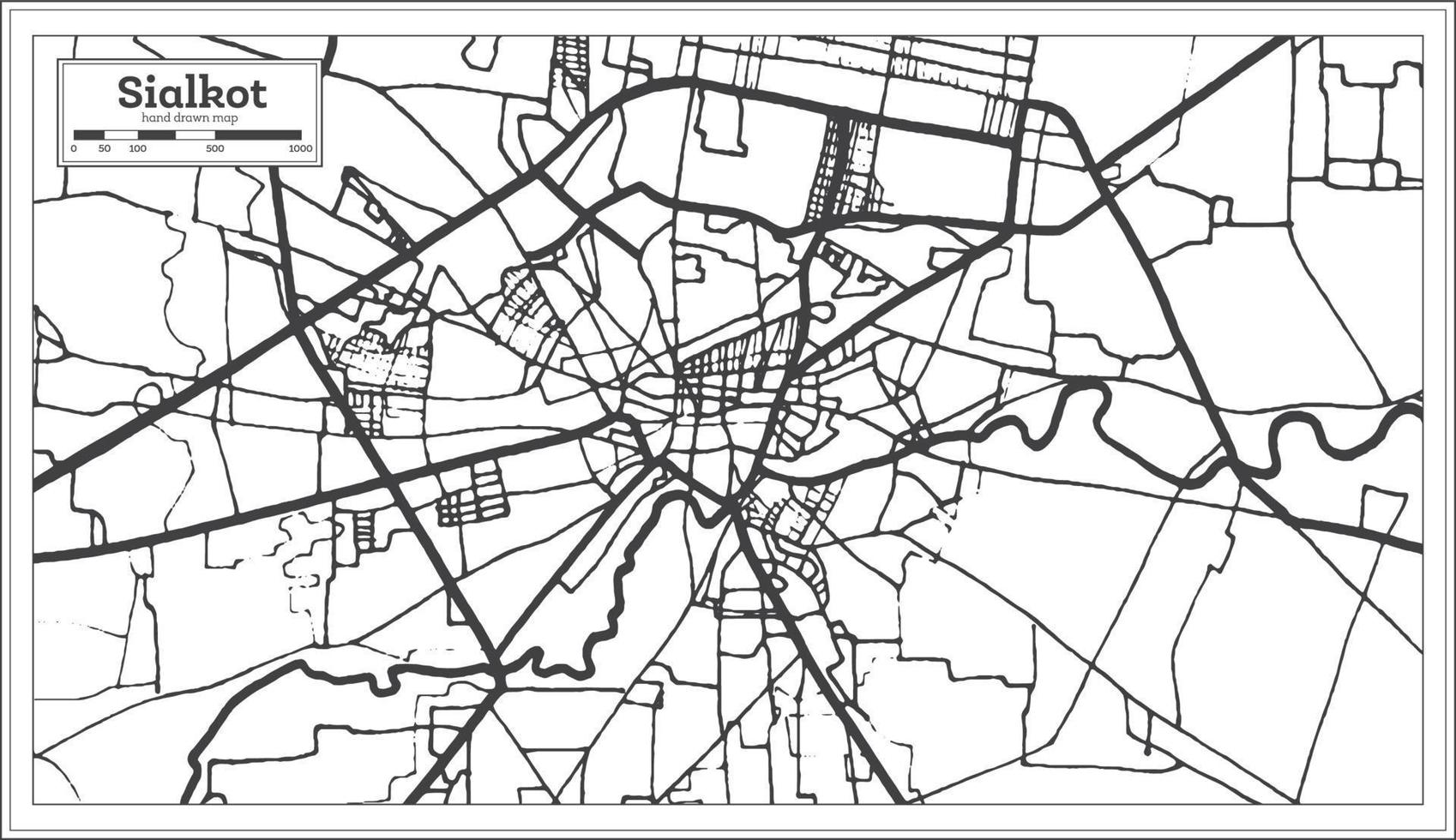 mapa de la ciudad de sialkot pakistán en estilo retro en color blanco y negro. esquema del mapa. vector