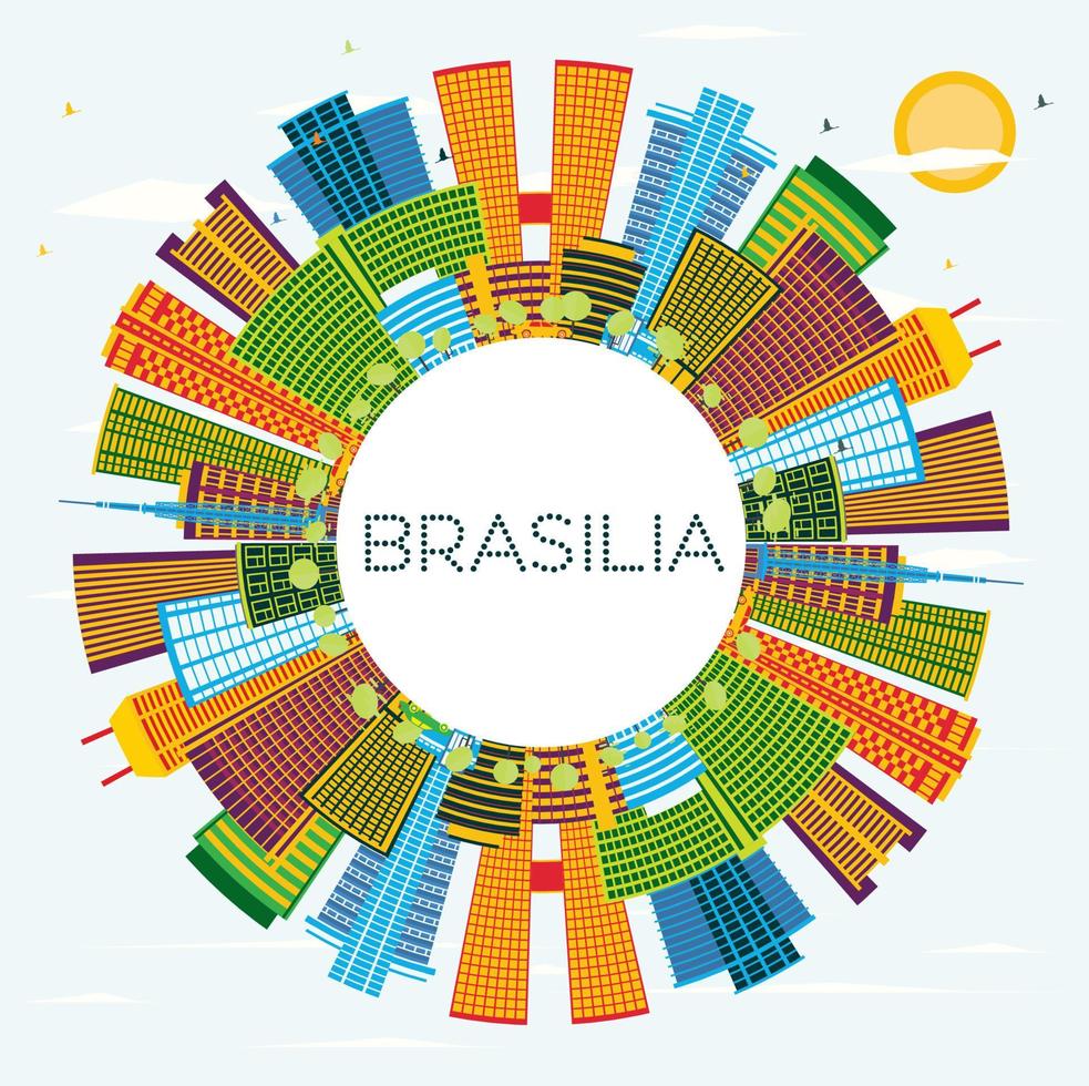 horizonte de la ciudad de brasilia brasil con edificios de color, cielo azul y espacio para copiar. vector