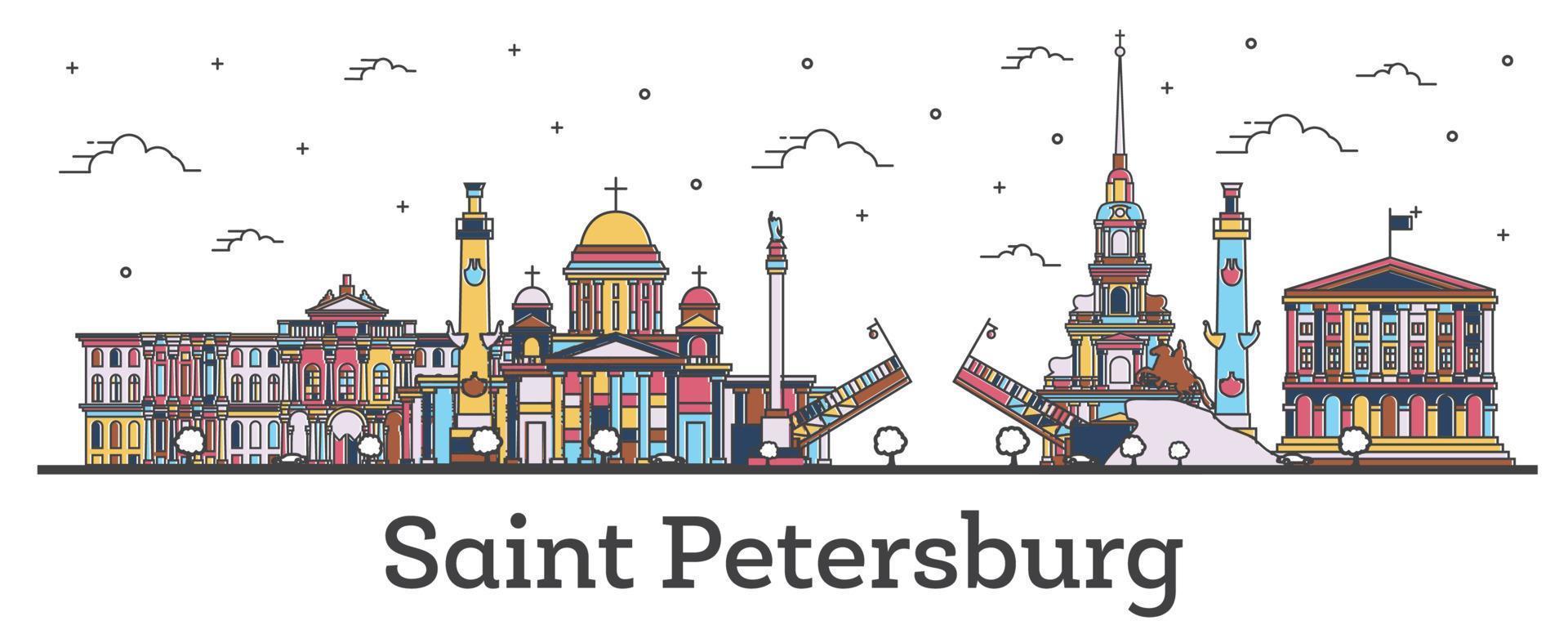 Outline Saint Petersburg Russia City Skyline with Color Buildings Isolated on White. vector