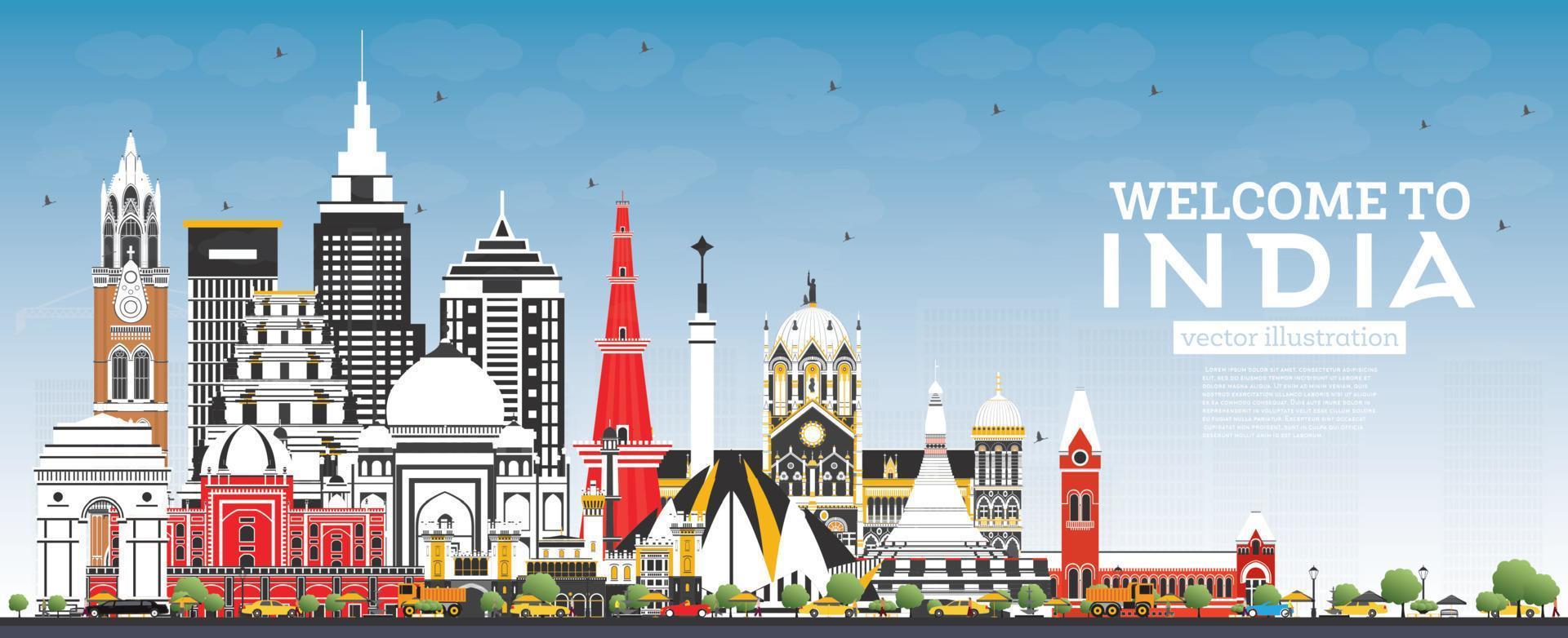 Welcome to India City Skyline with Color Buildings and Blue Sky. vector