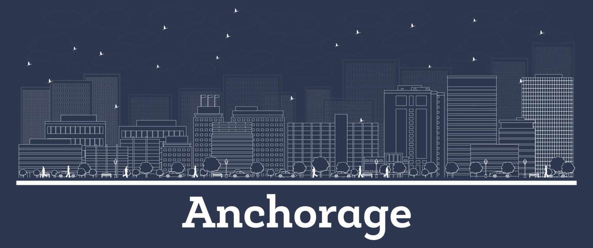 delinear el horizonte de la ciudad de Anchorage Alaska con edificios blancos. vector