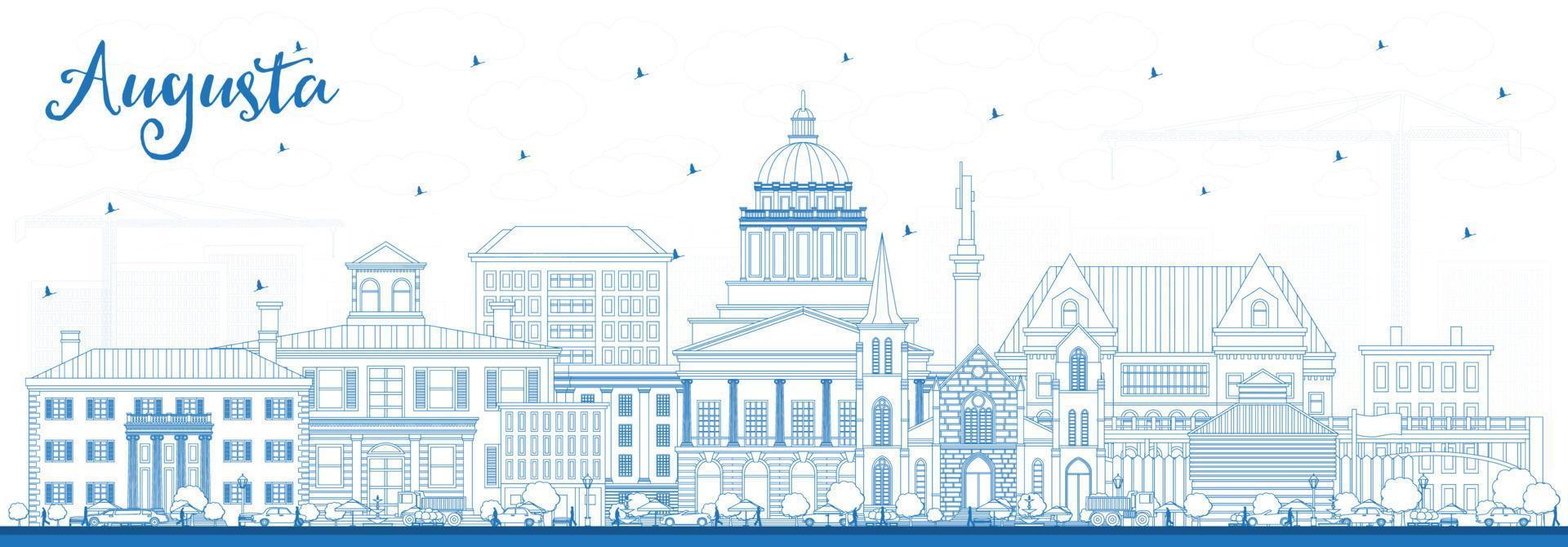 Outline Augusta Maine City Skyline with Blue Buildings. vector