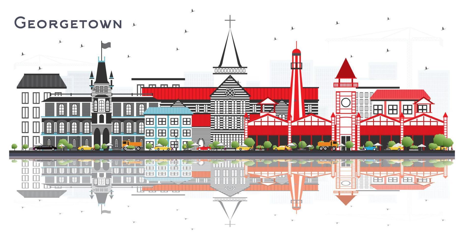 horizonte de la ciudad de georgetown guyana con edificios grises y reflejos aislados en blanco. vector