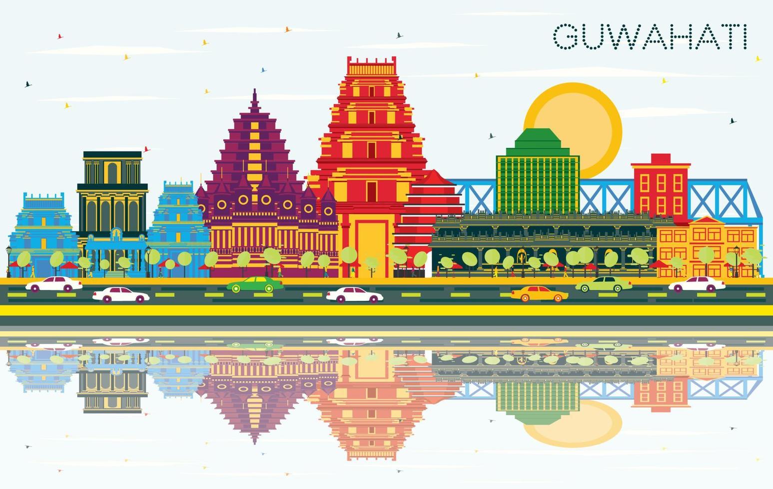 horizonte de la ciudad de guwahati india con edificios de color, cielo azul y reflejos. vector