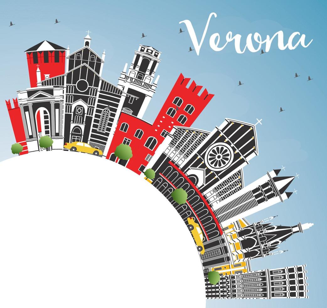 horizonte de la ciudad de verona italia con edificios de color, cielo azul y espacio de copia. vector