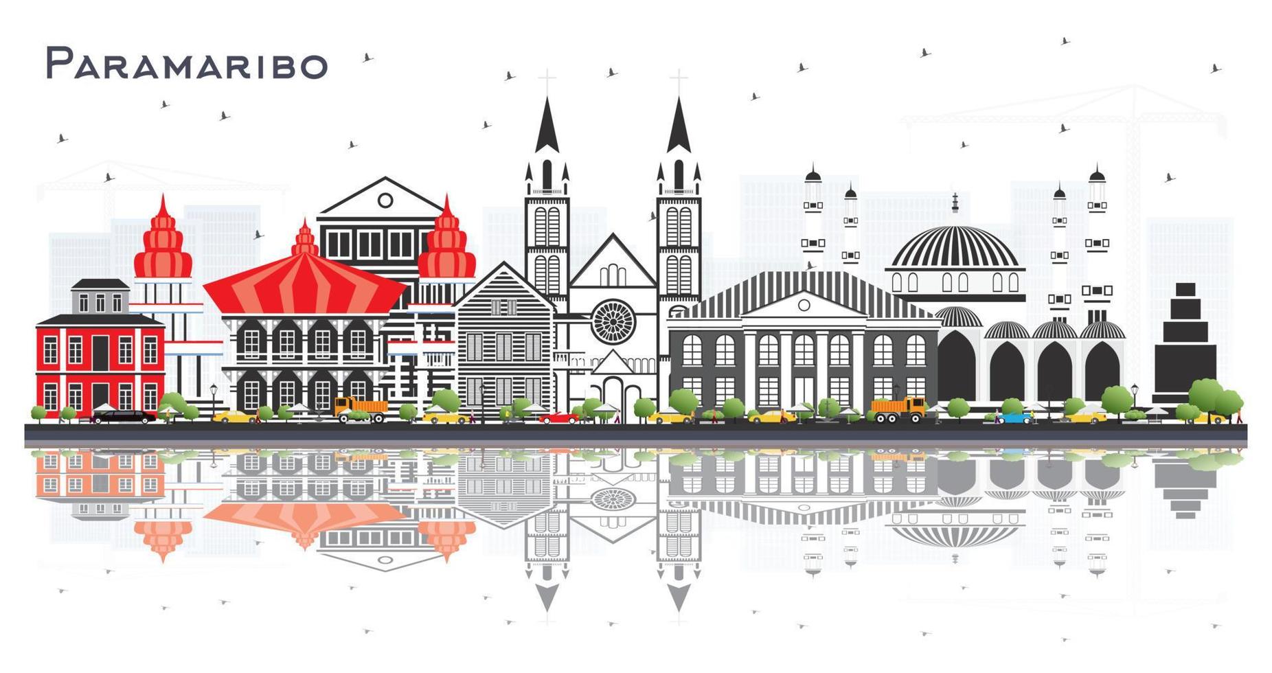 horizonte de la ciudad de paramaribo surinam con edificios grises y reflejos aislados en blanco. vector