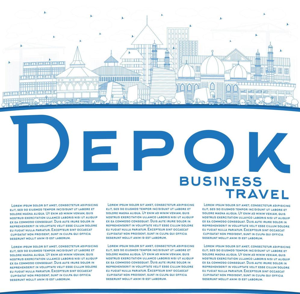 delinee el horizonte de la ciudad de depok indonesia con edificios azules y copie el espacio. vector