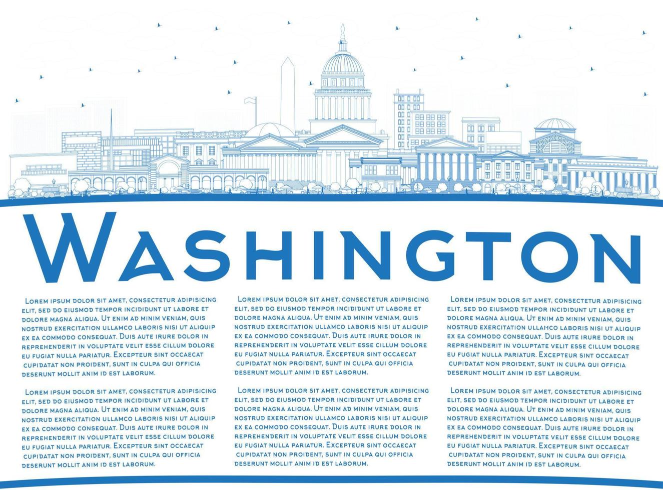 Outline Washington DC USA City Skyline with Blue Buildings and Copy Space. vector