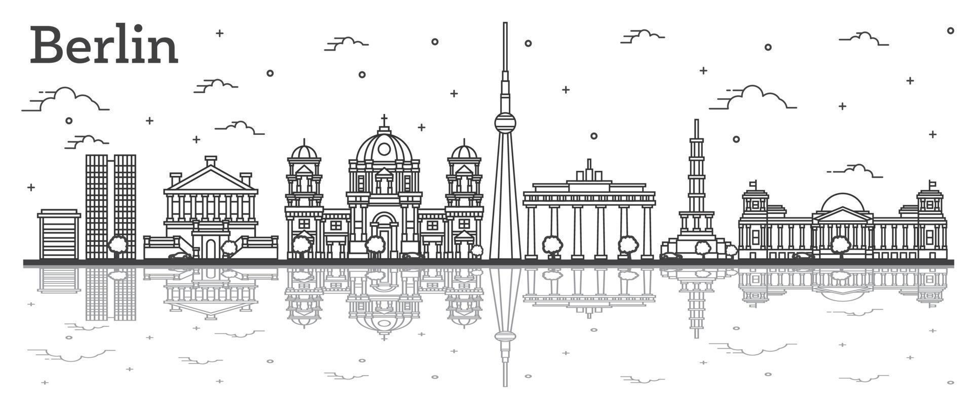 delinear el horizonte de la ciudad de berlín, alemania, con edificios históricos y reflejos aislados en blanco. vector