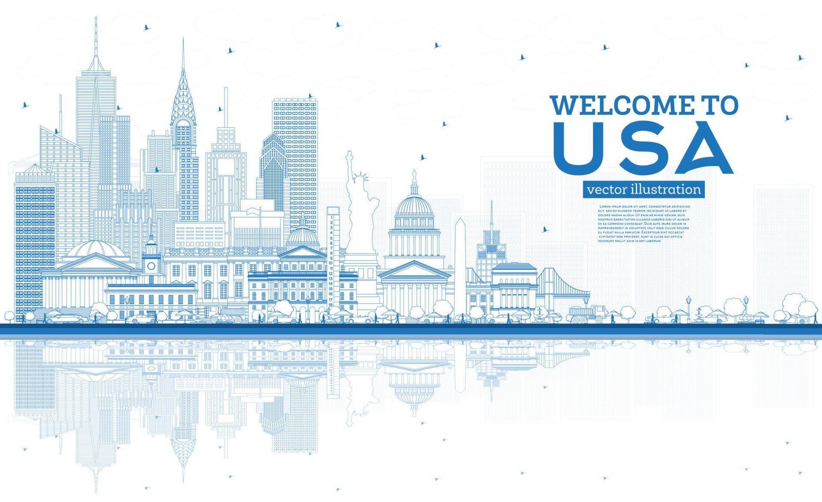 Outline Welcome to USA Skyline with Blue Buildings and Reflections. vector
