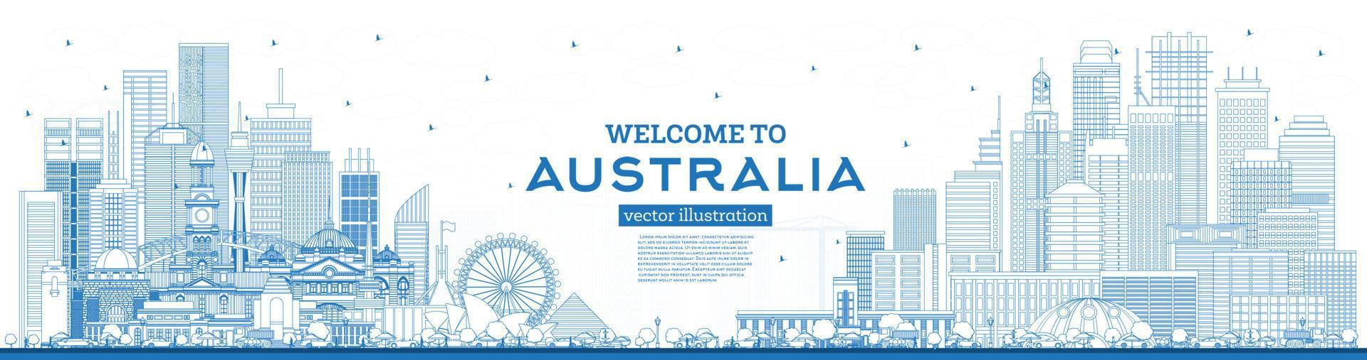 Outline Welcome to Australia Skyline with Blue Buildings. vector