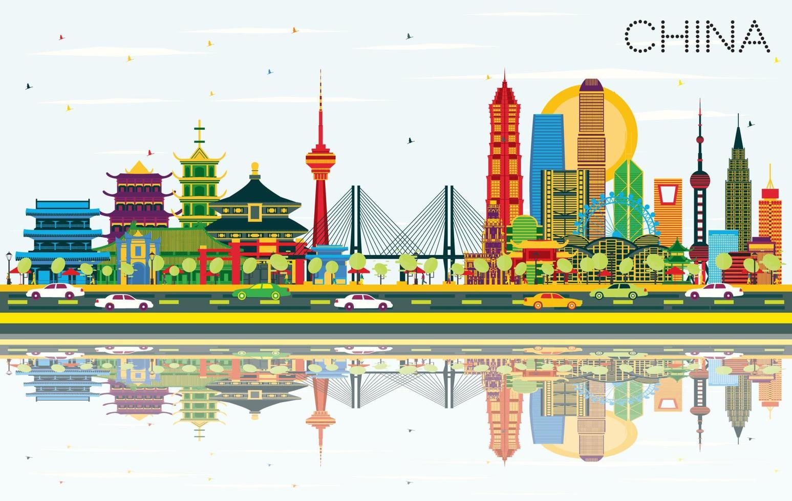 horizonte de la ciudad china con edificios de color y reflejos. monumentos famosos en china. vector