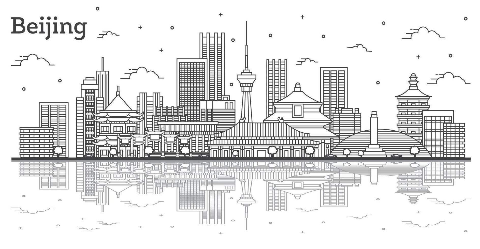 Outline Beijing China City Skyline with Modern Buildings and Reflections Isolated on White. vector
