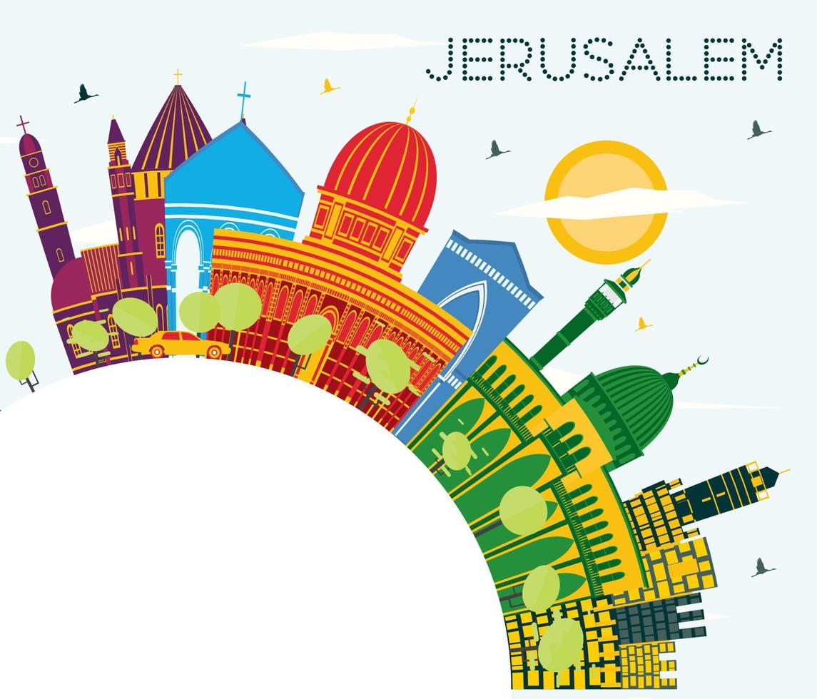 Jerusalem Israel Skyline with Color Buildings, Blue Sky and Copy Space. vector