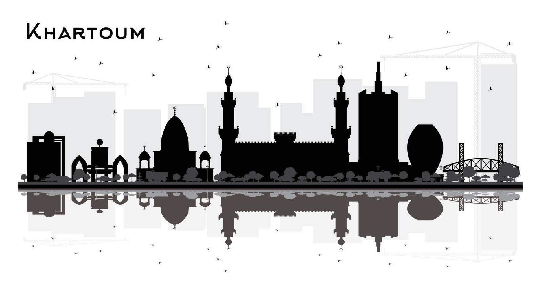 silueta del horizonte de la ciudad de jartum sudán con edificios negros y reflejos aislados en blanco. vector