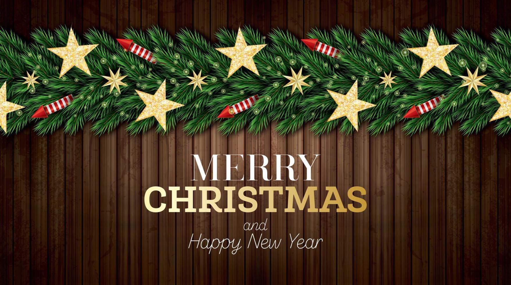 tarjeta de felicitación navideña con ramas de árboles de navidad, cohetes rojos y estrellas doradas sobre fondo de madera. vector
