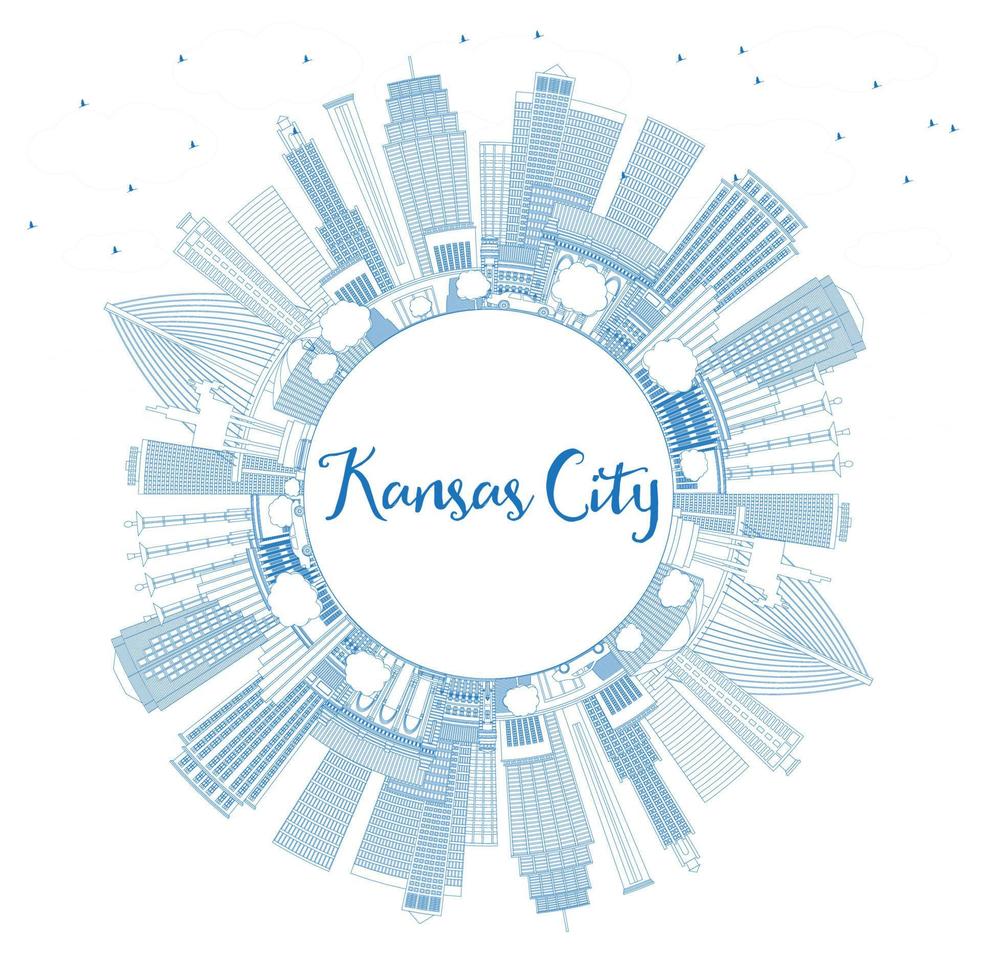 Outline Kansas City Missouri Skyline with Blue Buildings and Copy Space. vector