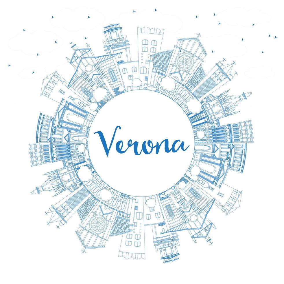 Outline Verona Italy City Skyline with Blue Buildings and Copy Space. vector