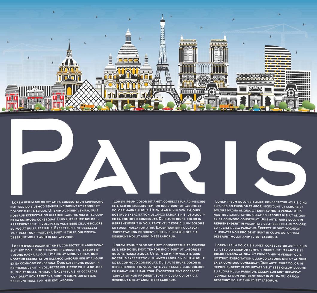 horizonte de la ciudad de parís francia con edificios de color, cielo azul y espacio de copia. vector