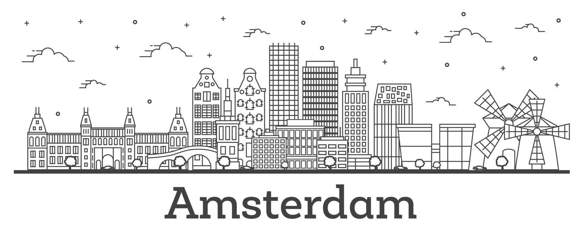 delinear el horizonte de la ciudad de amsterdam, países bajos, con edificios históricos aislados en blanco. vector