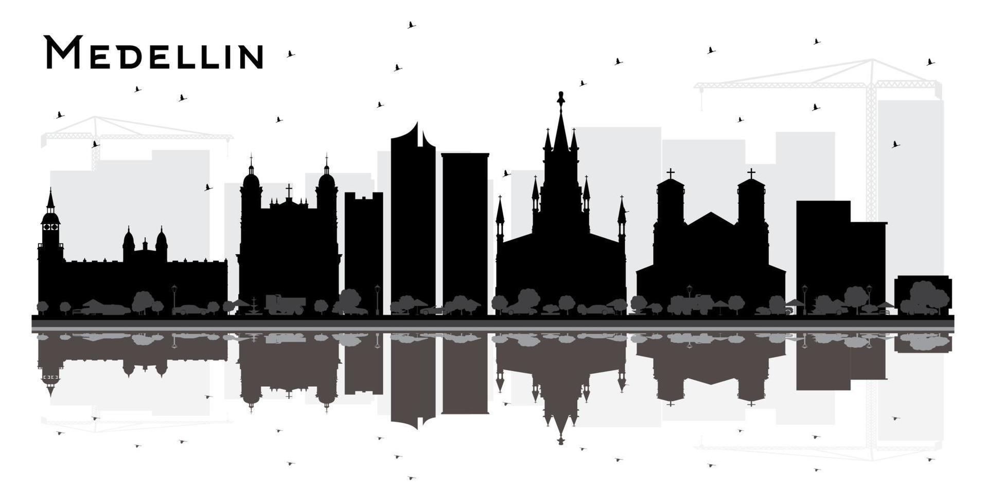 Medellin Colombia City Skyline Silhouette with Black Buildings and Reflections Isolated on White. vector