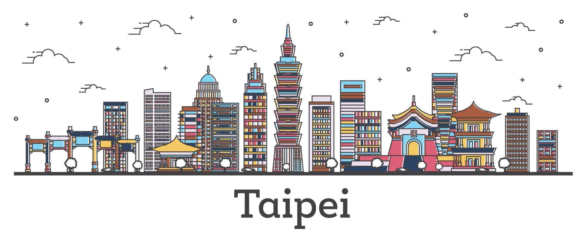 Outline Taipei Taiwan City Skyline with Color Buildings Isolated on White. vector