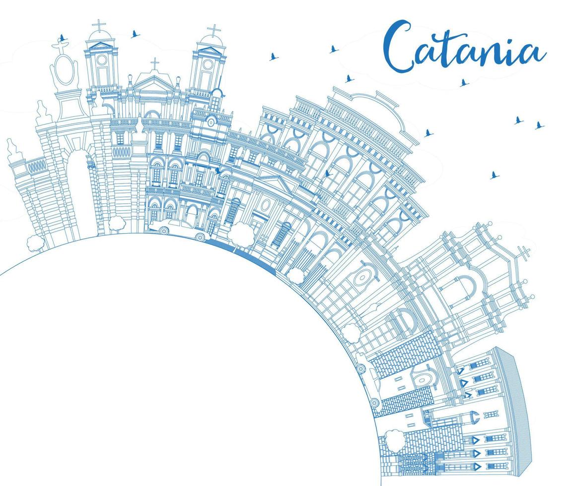 Outline Catania Italy City Skyline with Blue Buildings and Copy Space. vector
