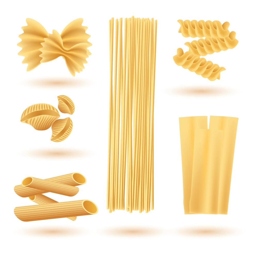 conjunto aislado de pasta italiana. farfalle, conchiglie, linguini, maccheroni, penne. vector