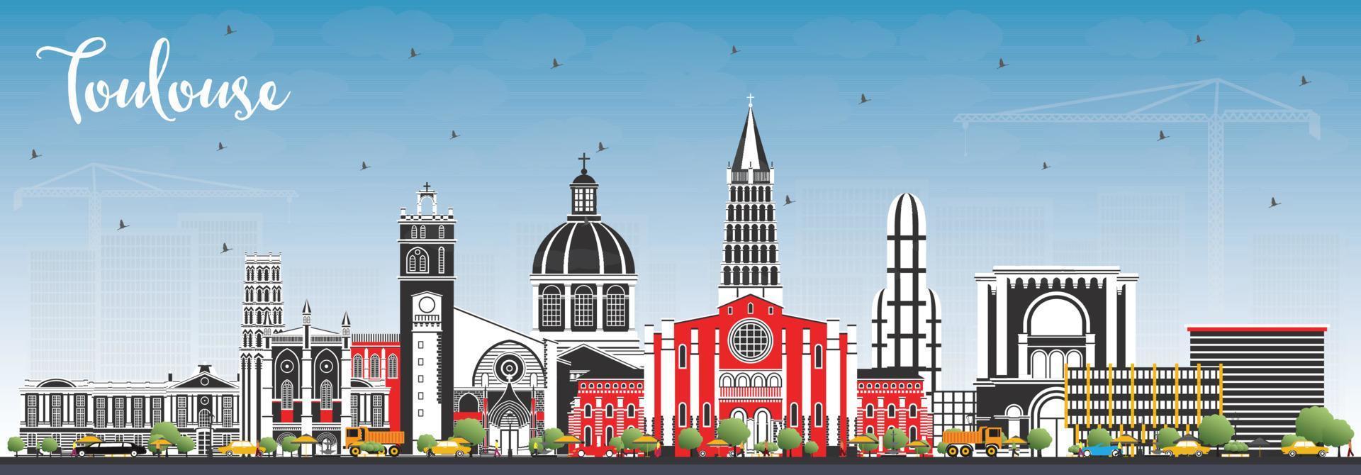 Toulouse France City Skyline with Color Buildings and Blue Sky. vector