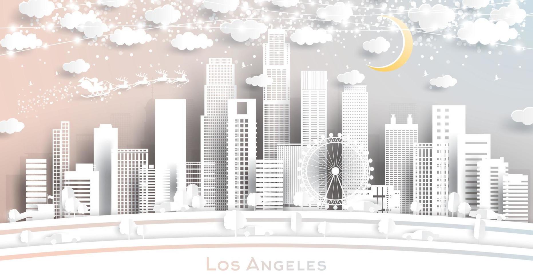 el horizonte de la ciudad de los angeles usa en estilo de corte de papel con copos de nieve, luna y guirnalda de neón. vector