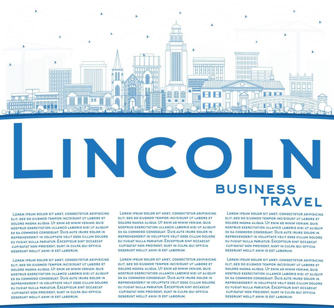 Outline Lincoln Nebraska City Skyline with Blue Buildings and Copy Space. vector