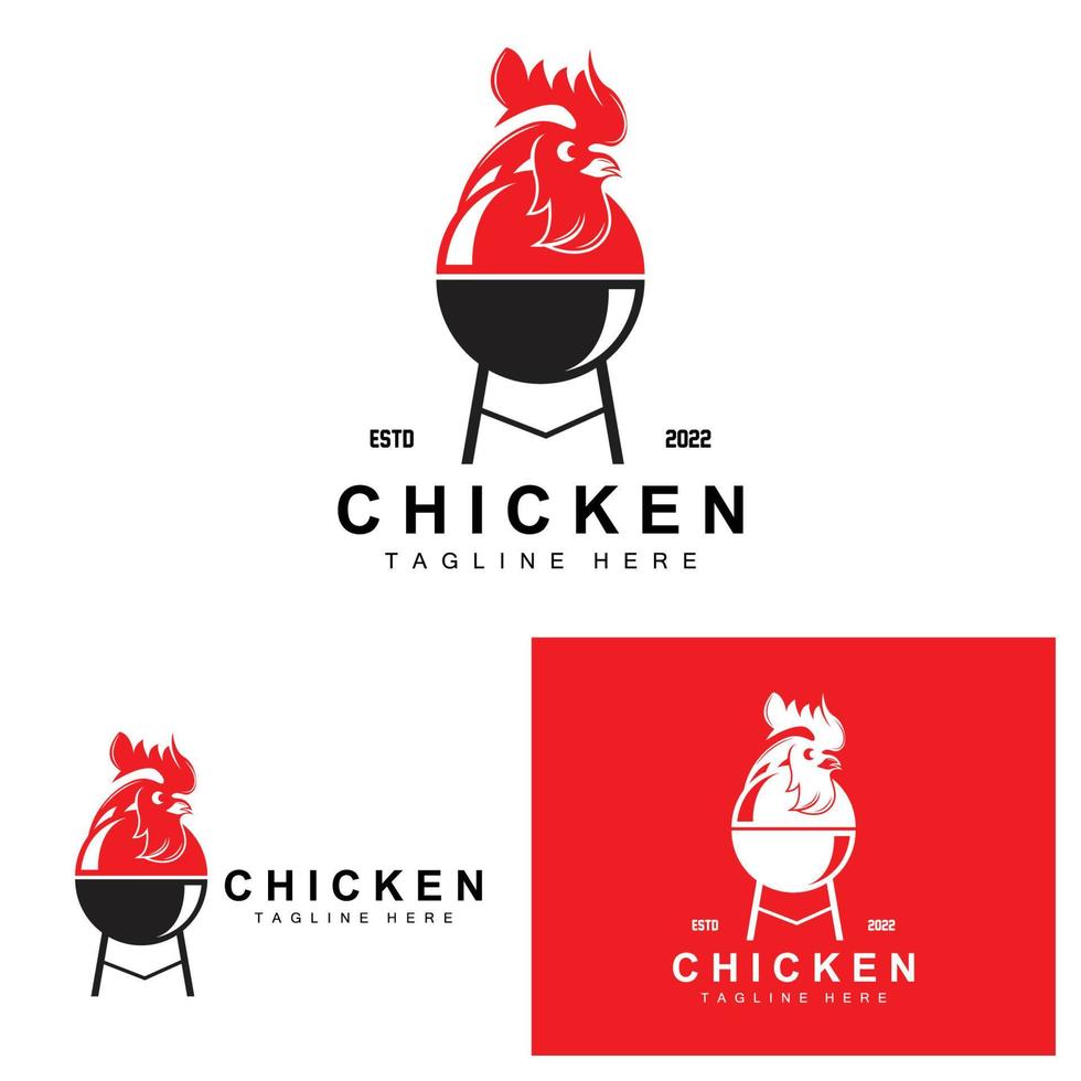 diseño de logotipo de barbacoa de pollo a la parrilla, vector de cabeza de pollo, marca de la empresa