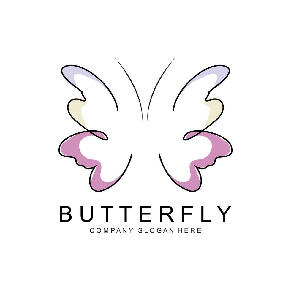 diseño de logotipo de mariposa, hermoso animal volador, ilustración de icono de marca de empresa, serigrafía, salón vector