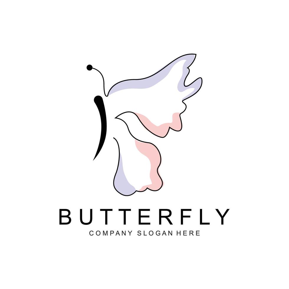 diseño de logotipo de mariposa, hermoso animal volador, ilustración de icono de marca de empresa, serigrafía, salón vector