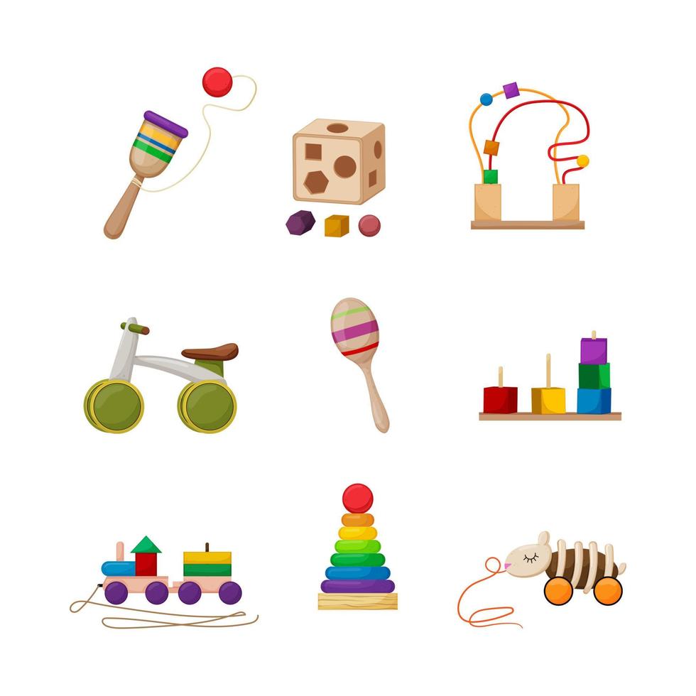vector de conjunto de iconos de dibujos animados de bebé de madera de juguete