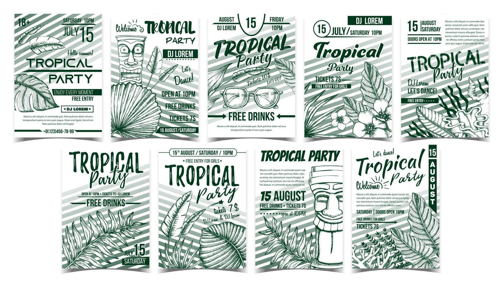 vector de conjunto de carteles de hojas tropicales y algas marinas