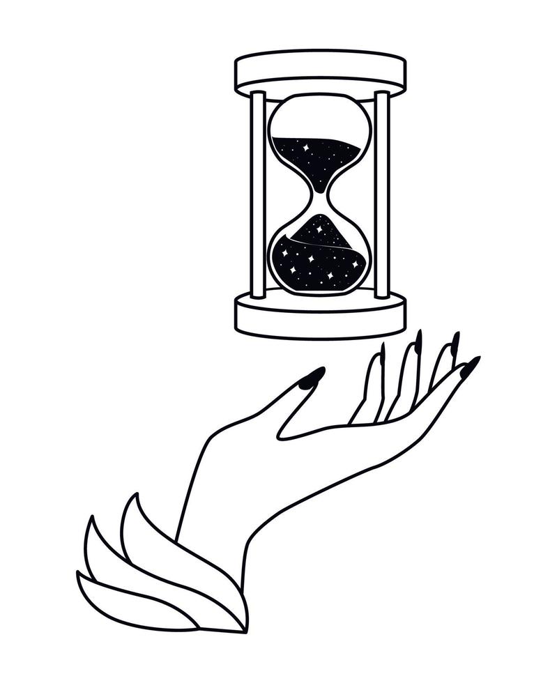 mano con estilo surrealista de reloj de arena vector