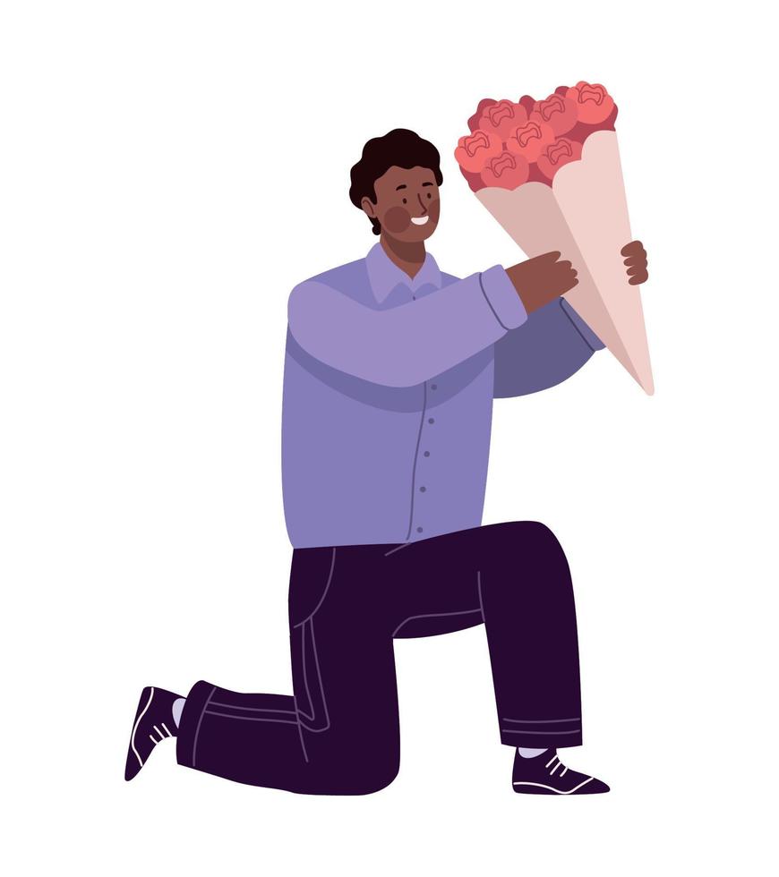 hombre afro con ramo de rosas vector