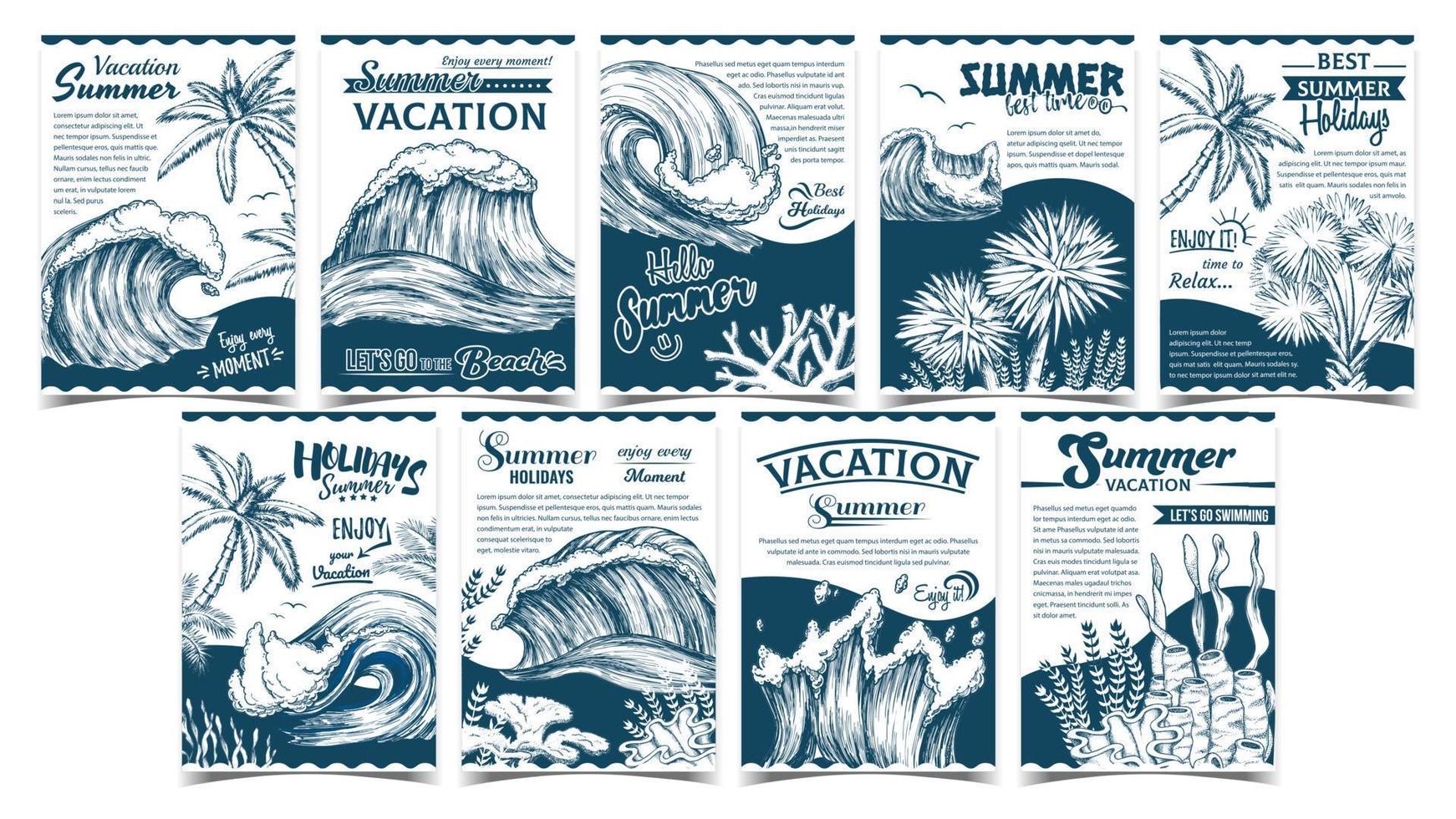 Wave, Palm Trees And Seaweeds Banner Set Vector