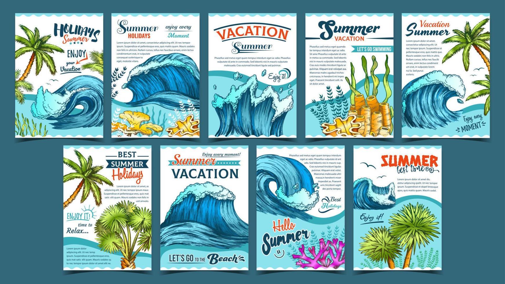 ola, palmeras y algas marinas conjunto de banner vector