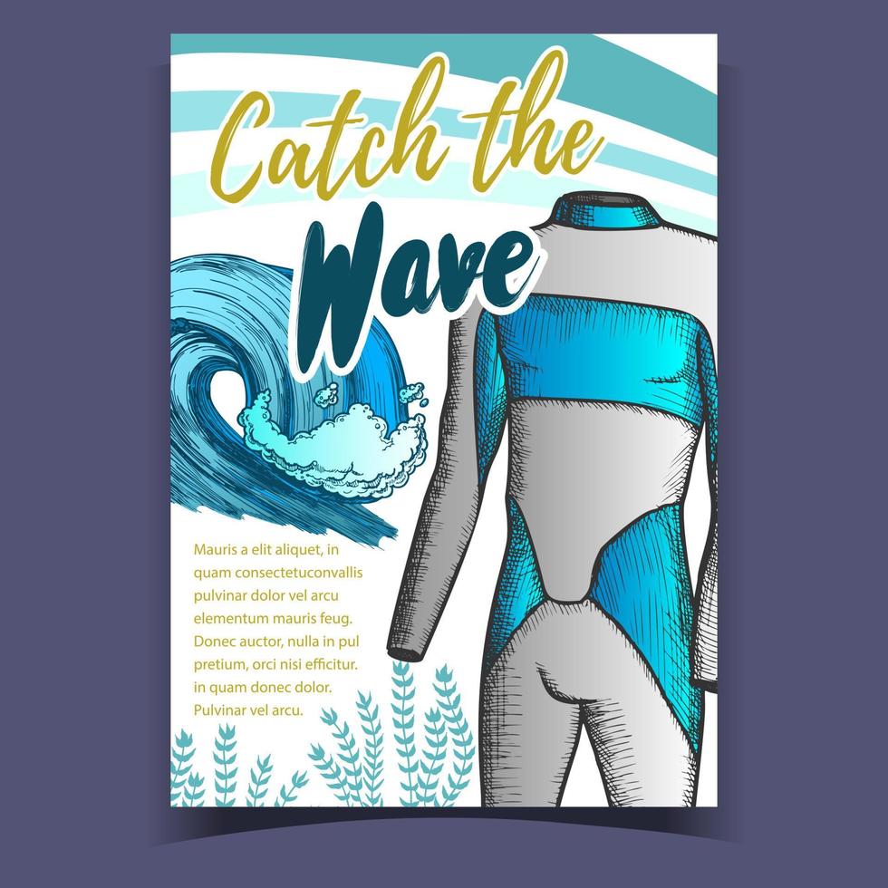 Wetsuit, Ocean Wave And Seaweed Banner Vector