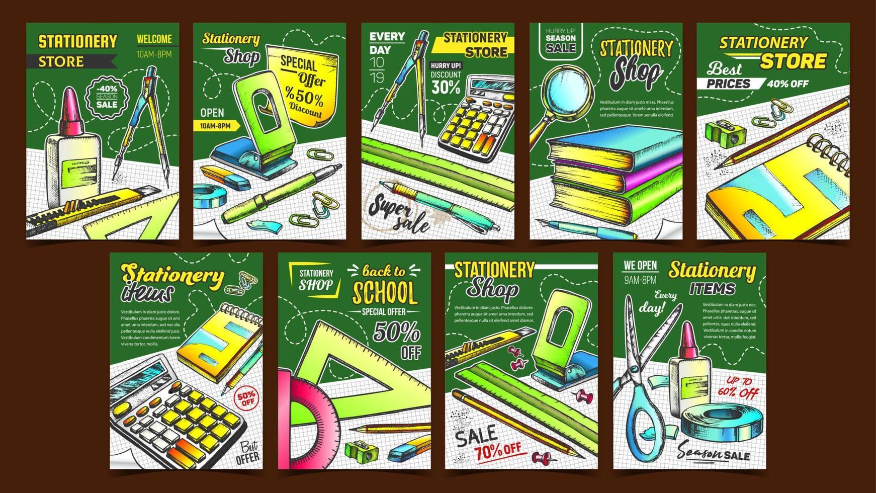 Stationery Shop Advertising Posters Set Vector 17406948 Vector Art at
