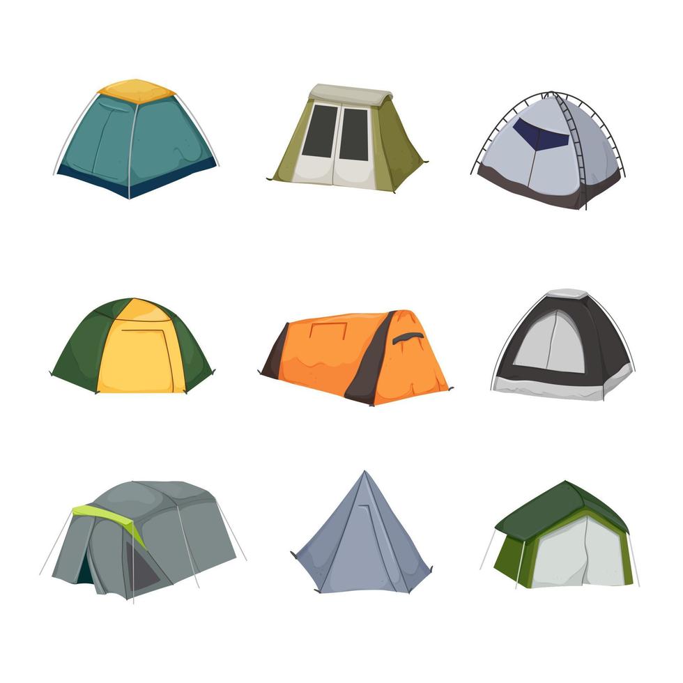 conjunto de iconos de dibujos animados de campamento de carpa vector