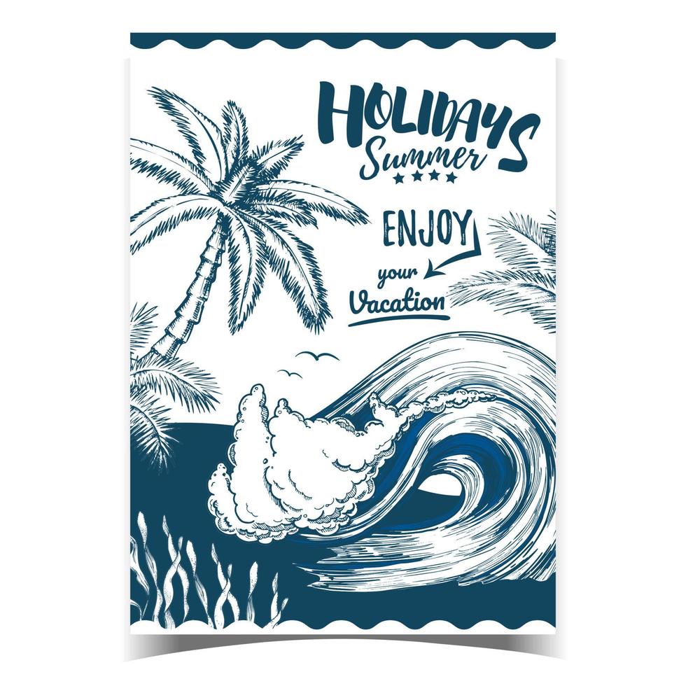 Sea Wave, Seaweed And Palm Trees Banner Vector