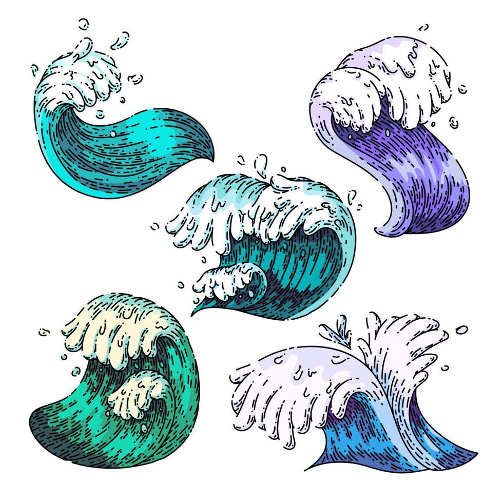 mar océano olas conjunto boceto dibujado a mano vector