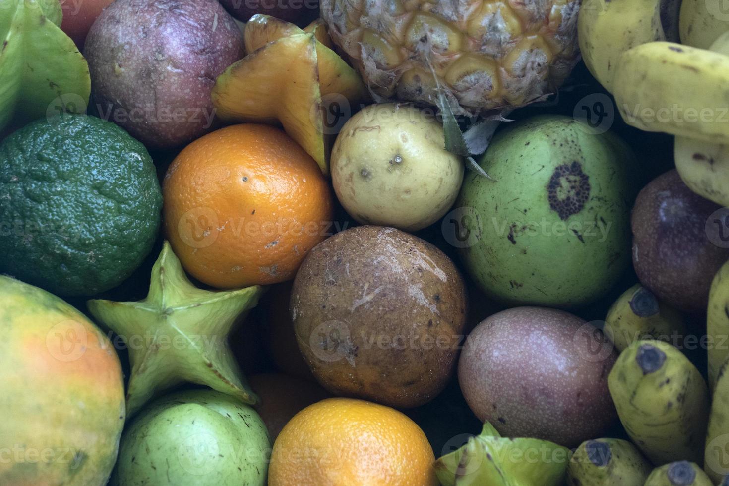 many tropical fruit types at the market photo